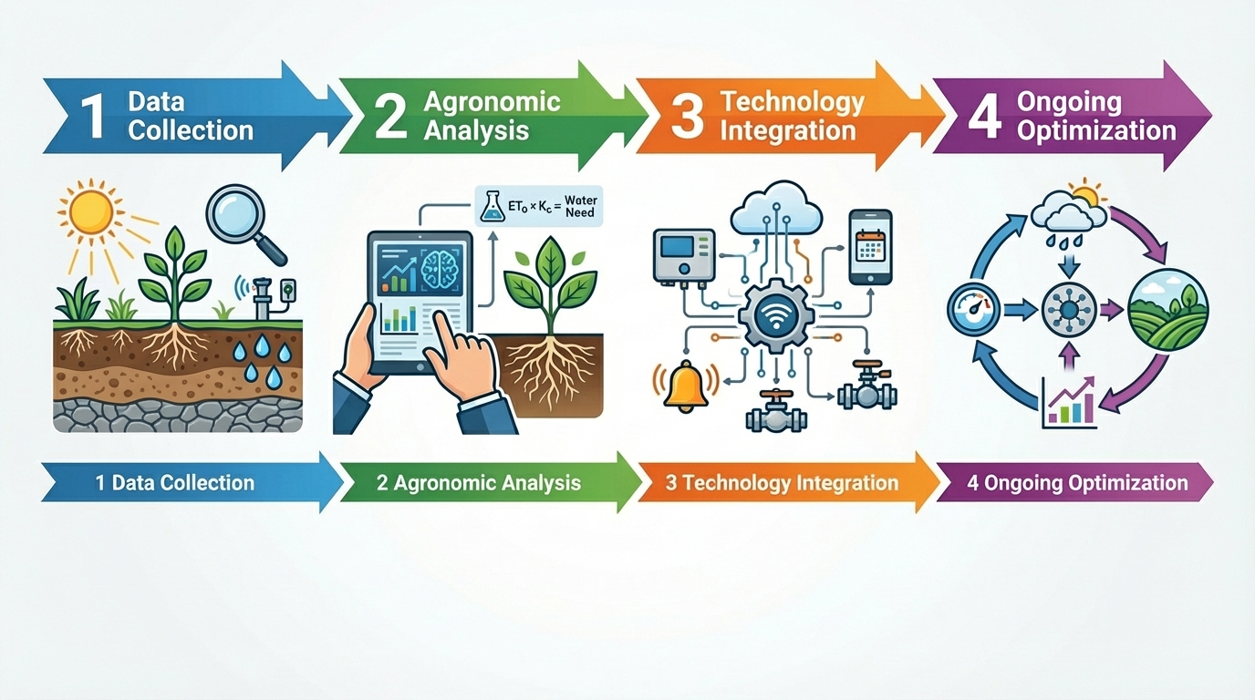 4-step irrigation process: Data Collection, Agronomic Analysis, Technology Integration, Ongoing Optimization